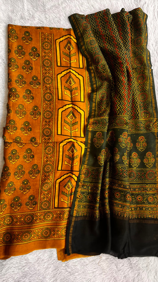 Turmeric Yellow and Green Chanderi Silk Cotton Ajrakh hand Block 2pc Suit Set