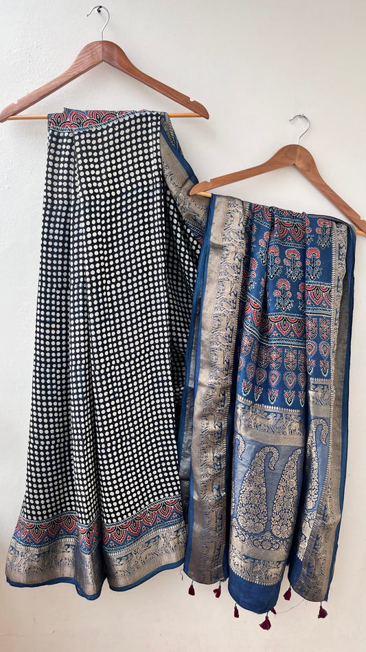 Black and Indigo Dotted Buta Motif Ajrakh Hand Block Dola Silk Saree with Zari Pallu (With Blouse)