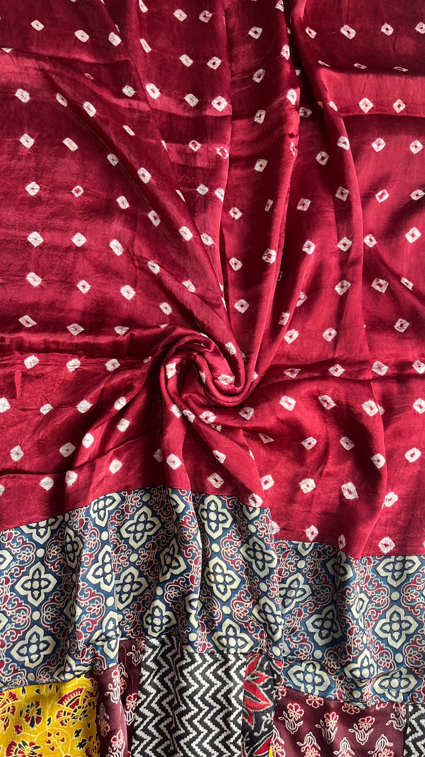 Maroon Bandhej Ajrakh Applique Patchwork Modal Silk Dupatt