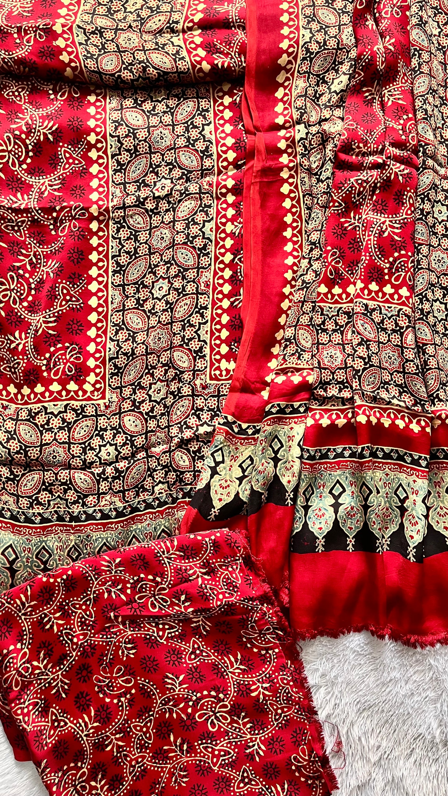 Red Boota Motif Modal Silk Ajrakh Hand Block 3 pc Suit Set