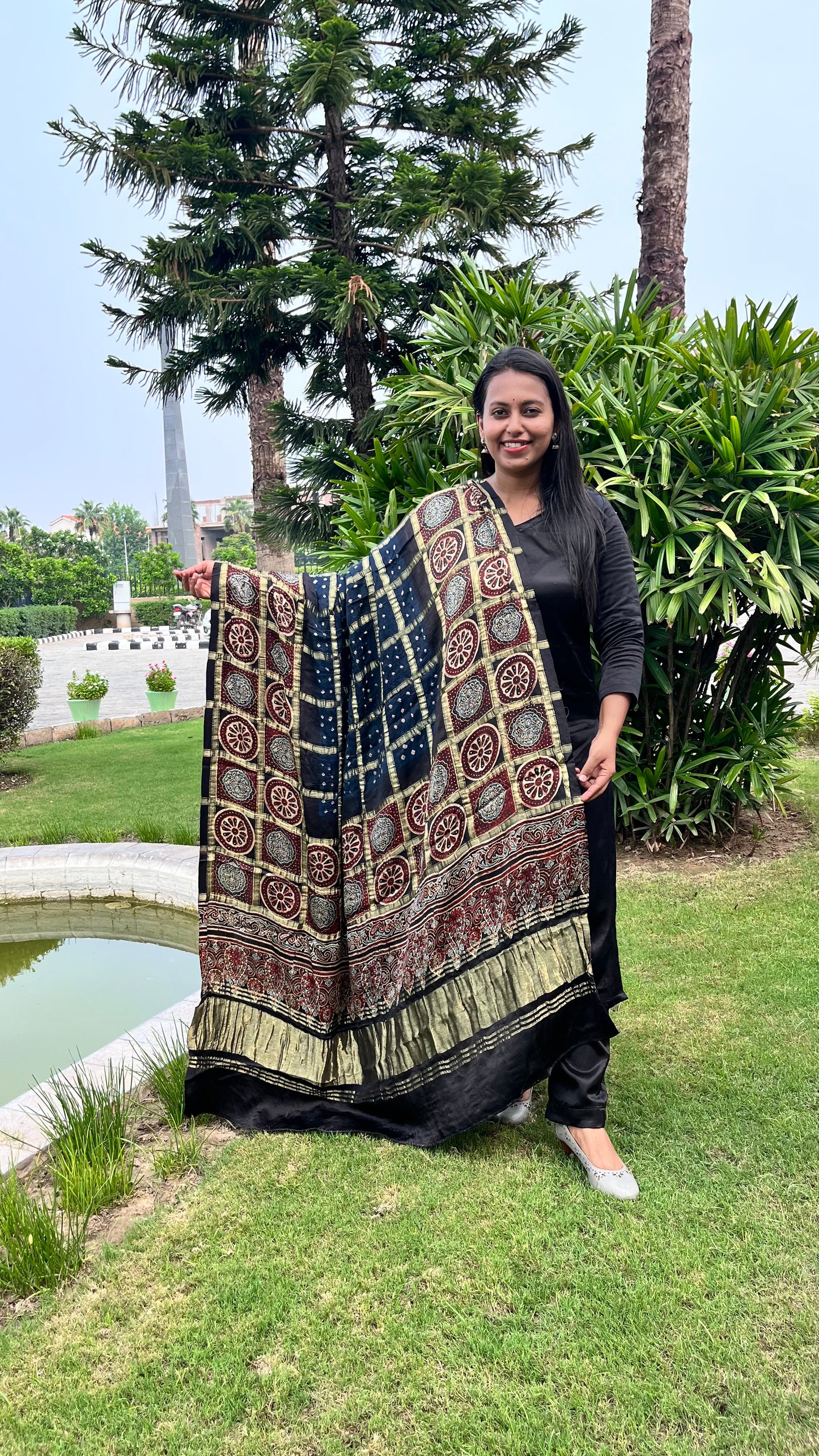 Navy Blue Gharchola Modal Silk Bandhani Ajrakh Dupatta with Lagdi Patti