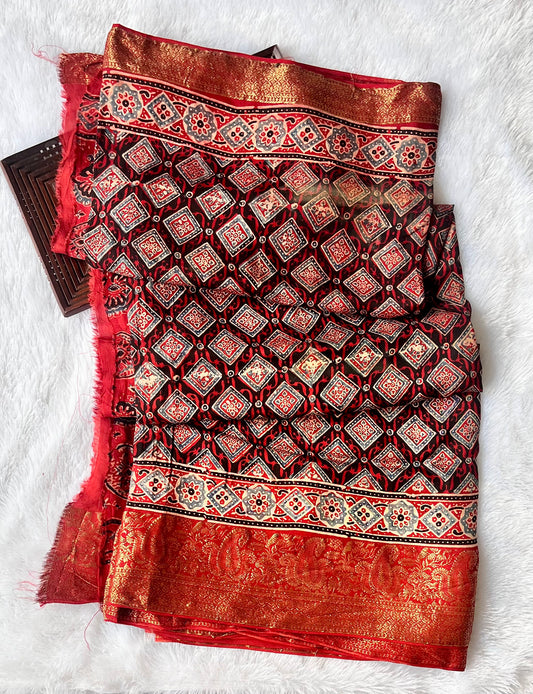 Dhriti Ajrakh Hand Block Dola Silk Saree with Zari Pallu (With Blouse)