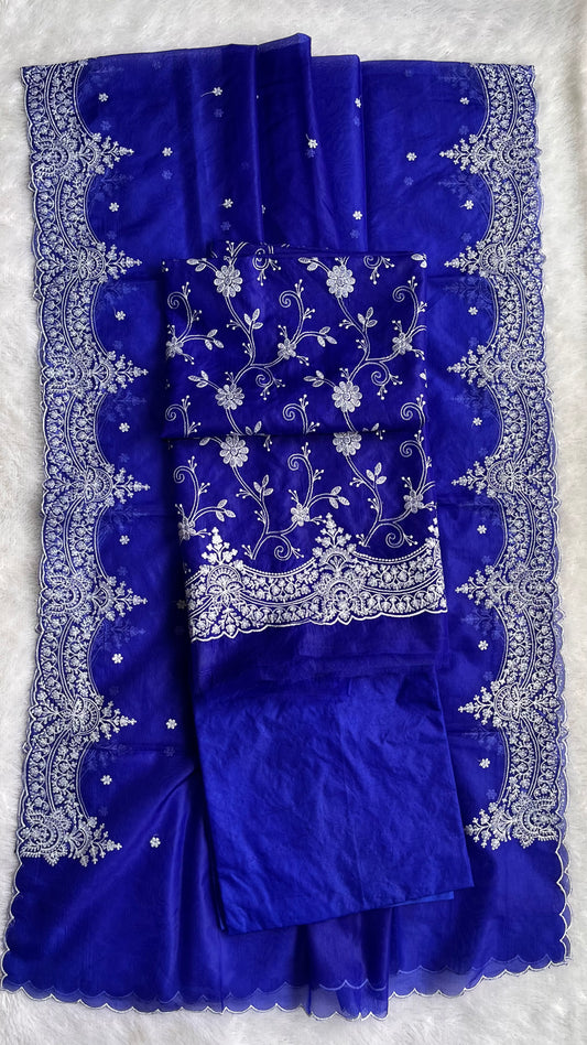 Navy Blue Banarasi Tissue Silk 3-Piece Suit with Threadwork & Organza Dupatta