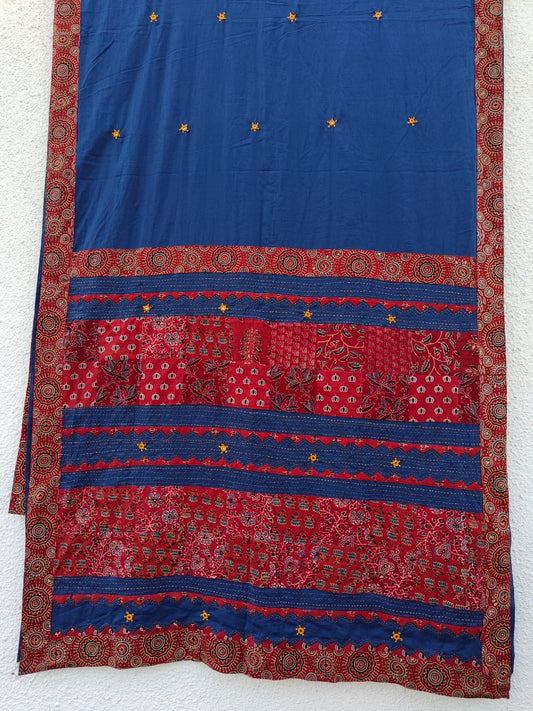 Blue and Red Ajrakh Patchwork Cotton Saree with Embroidery and Mirror Work