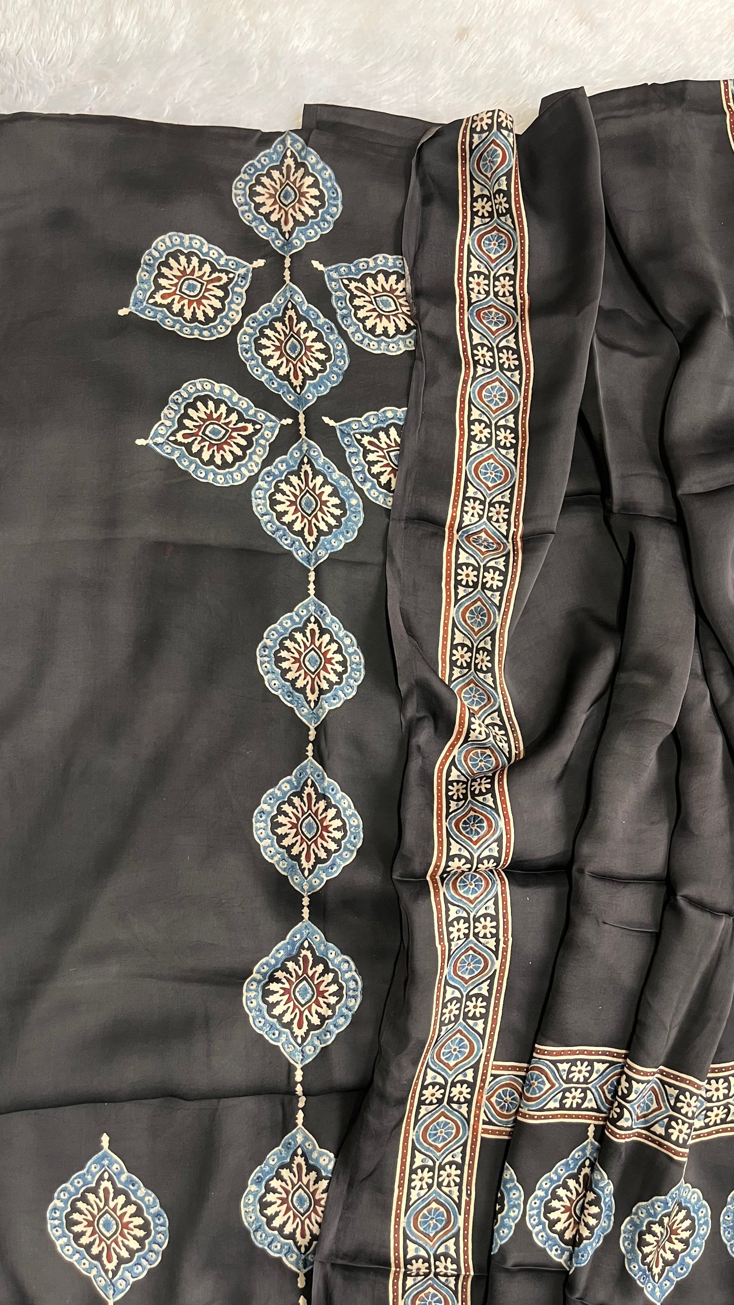 Black Solid Shade Seepi Motif Modal Silk Suit Material with Ajrakh Modal Dupatta