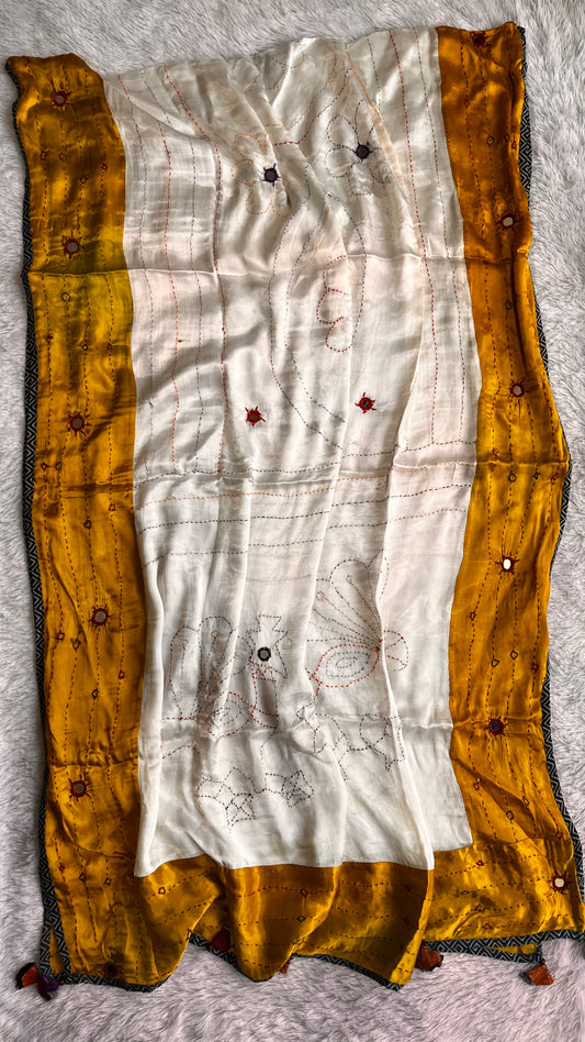 White and Mustard Modal Silk Applique work Dupatta with Mirror work and Thread Embroidery