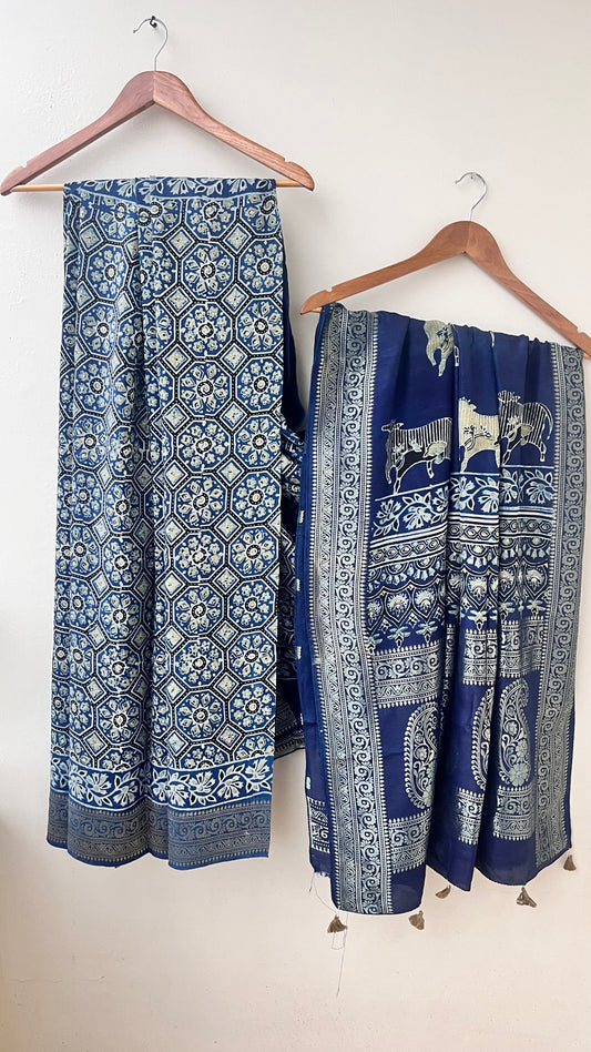 Indigo Jaal and Kamdhenu Buta Motif Ajrakh Hand Block Dola Silk Saree with Zari Pallu (With Blouse)
