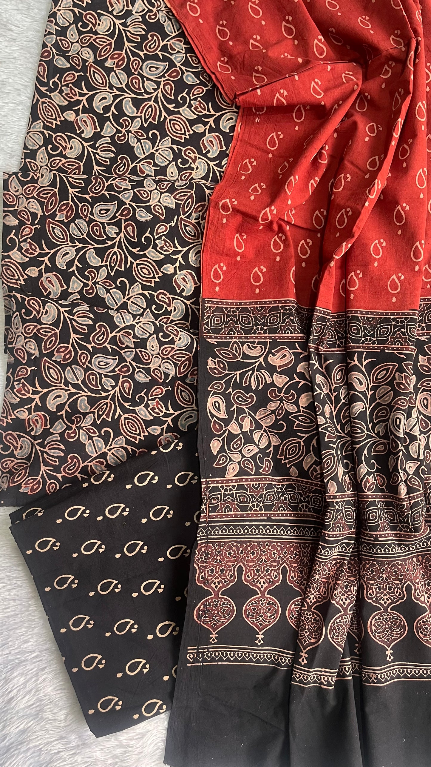 Black and Red Abstarct Booti Motif Ajrakh Unstitched Pure Cotton Suit Set with Cotton Dupatta