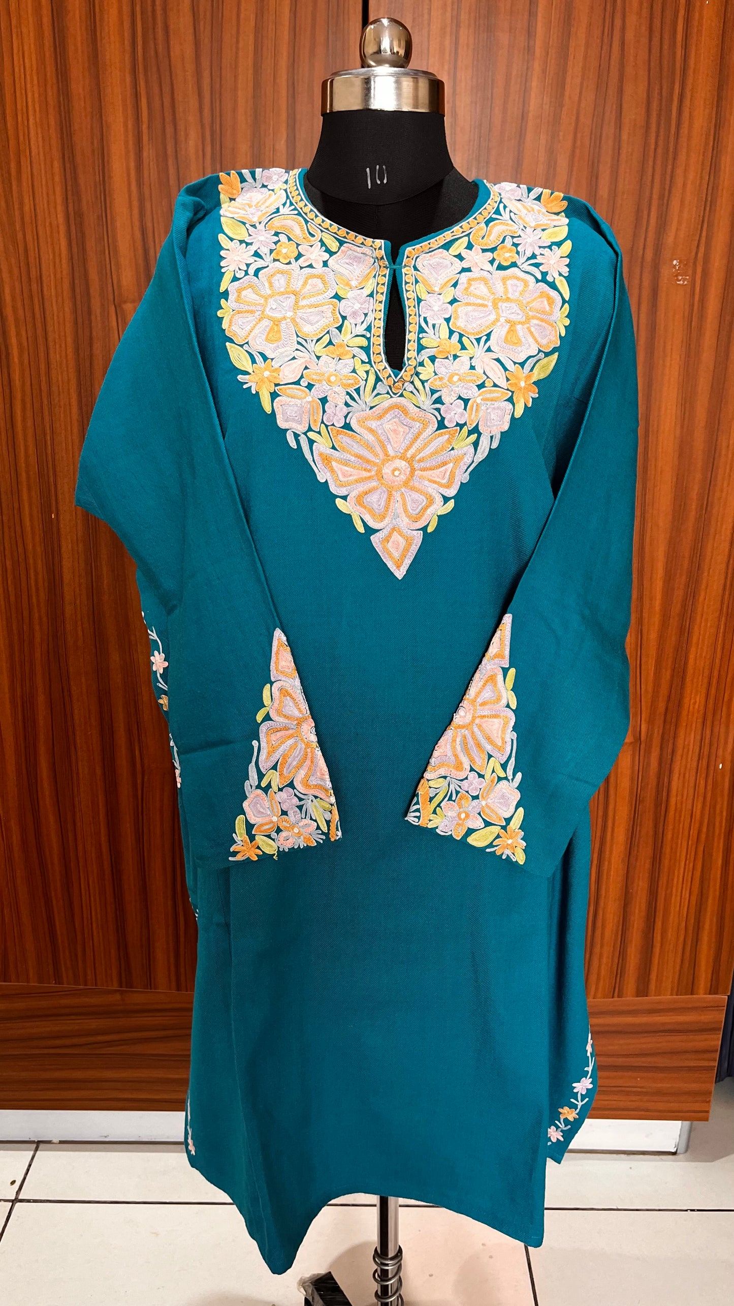 Deep Turquoise Aari Hand Embroidered Marino Wool Pheran with Pockets