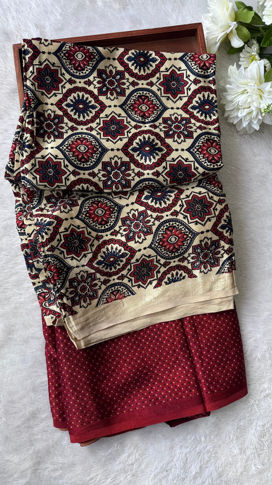 Maroon and Ivory Badaam Motif and Asopallav Ajrakh Mashru Silk Kurta Pant Fabric