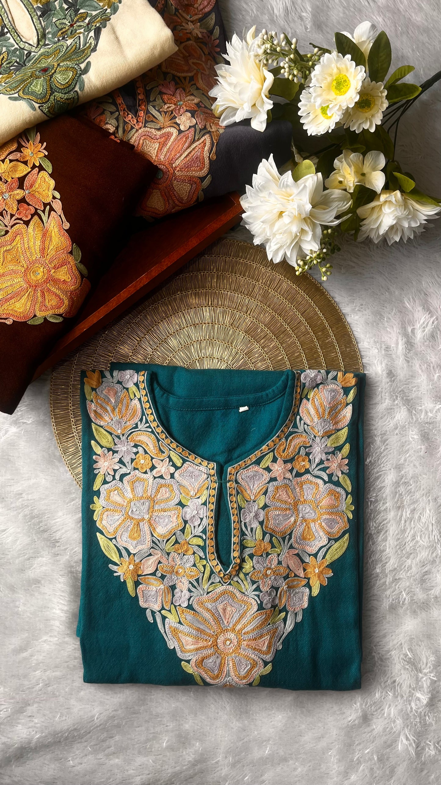 Deep Turquoise Aari Hand Embroidered Marino Wool Pheran with Pockets