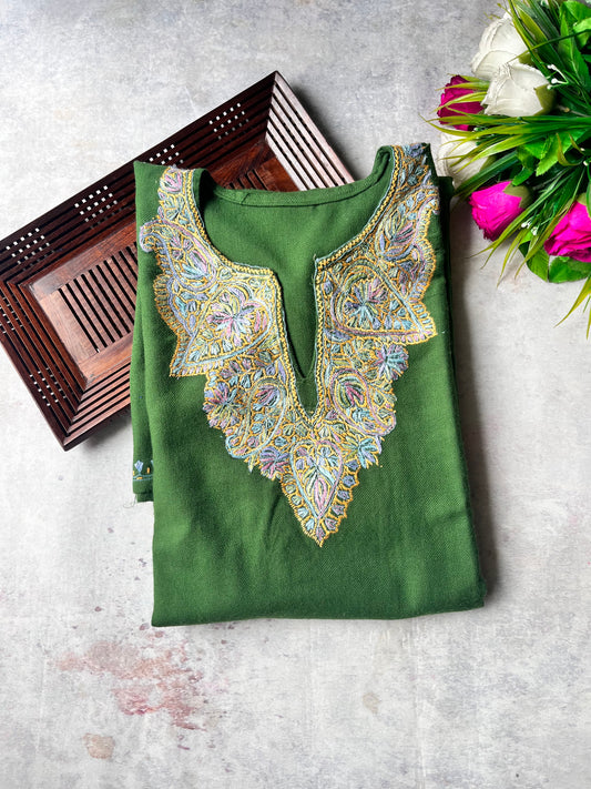 Haryali Green Aari Embroidered Woolen Pheran with Pockets