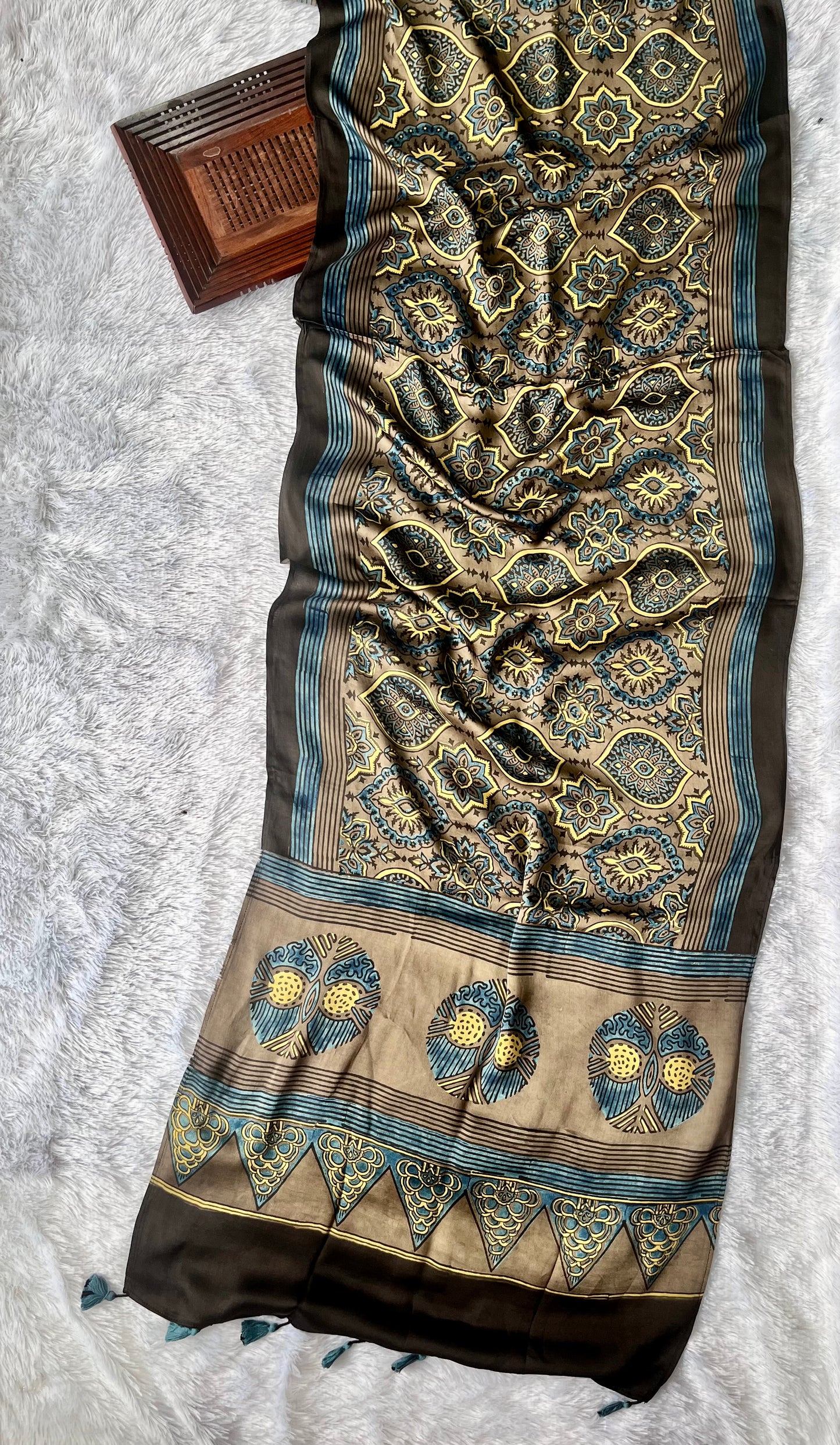 Earthy Brown Badaam Booti Ajrakh Hand Block Print Modal Silk Stole with Tassels