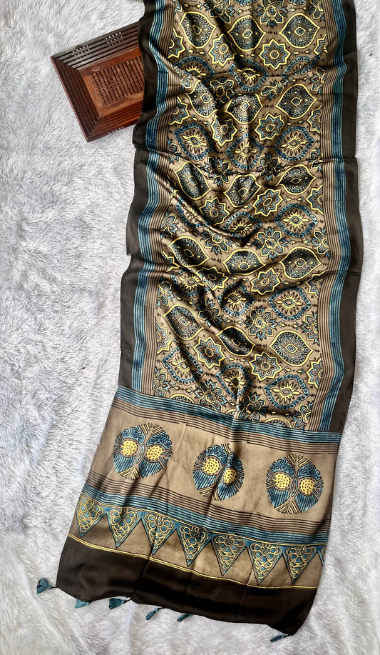 Earthy Brown Badaam Booti Ajrakh Hand Block Print Modal Silk Stole with Tassels