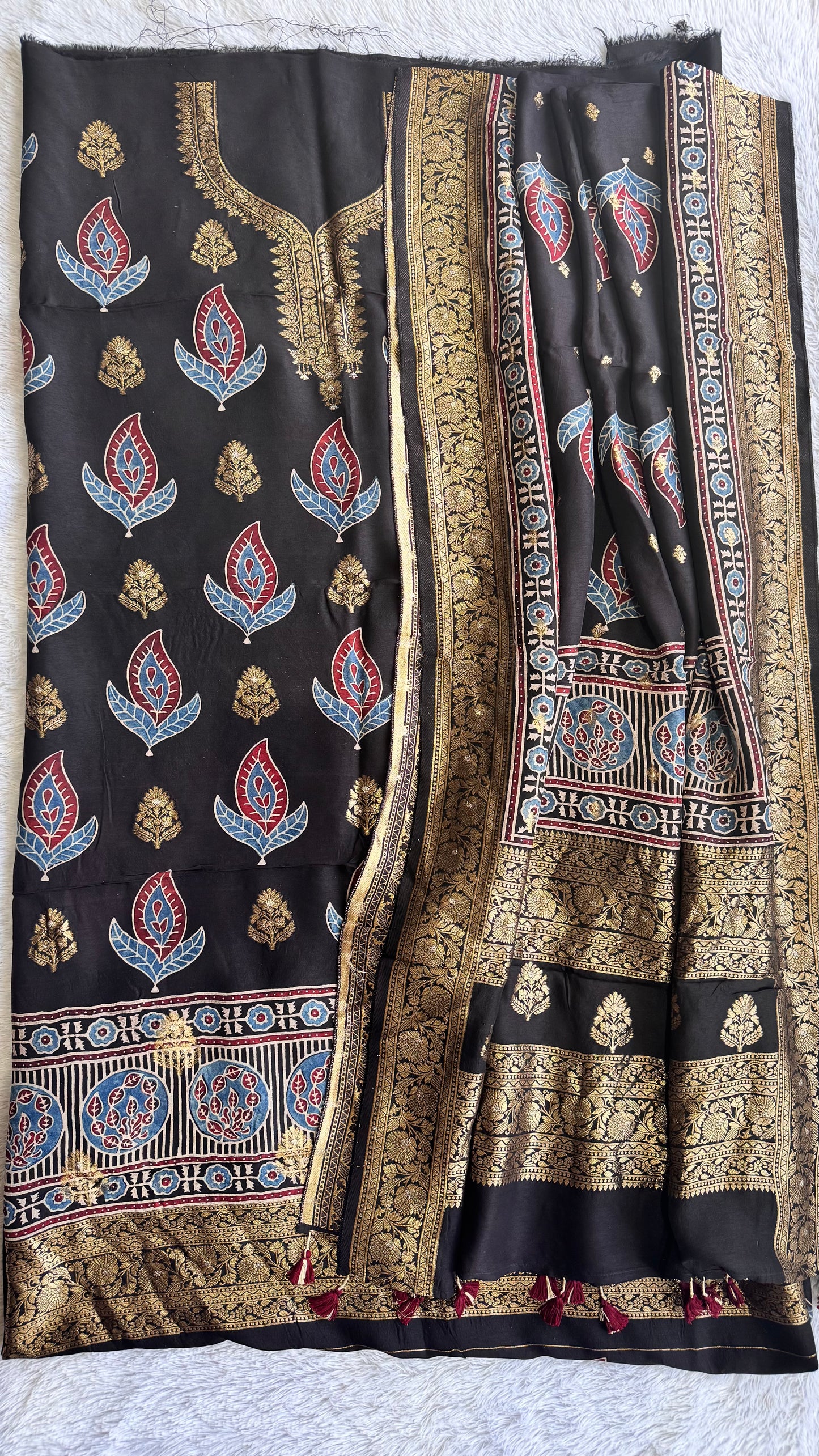 Magnetic Black Boota Pure Dola Silk Ajrakh Hand Block Print 2pc Suit Material Set with Zari Yoke and Nakkashi Dupatta