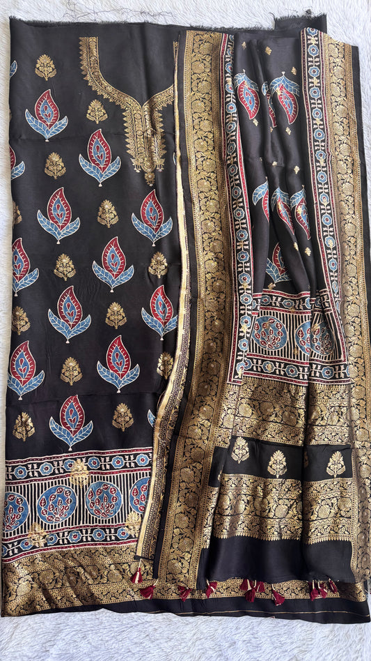 Magnetic Black Boota Pure Dola Silk Ajrakh Hand Block Print 2pc Suit Material Set with Zari Yoke and Nakkashi Dupatta