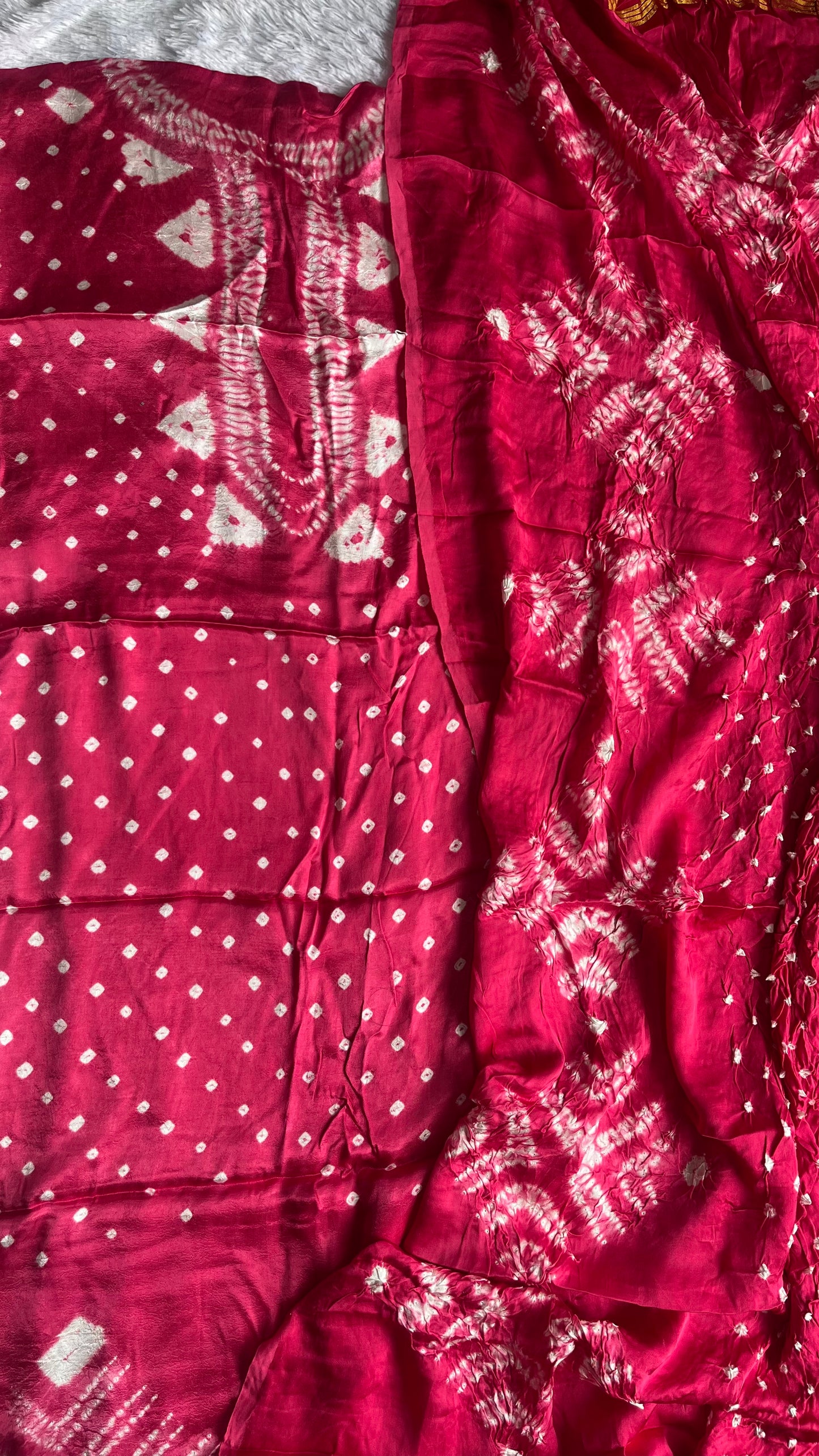Hot Pink Bandhej Semi Modal Silk 3 pc Suit Set with Lagdi Patti Dupatta