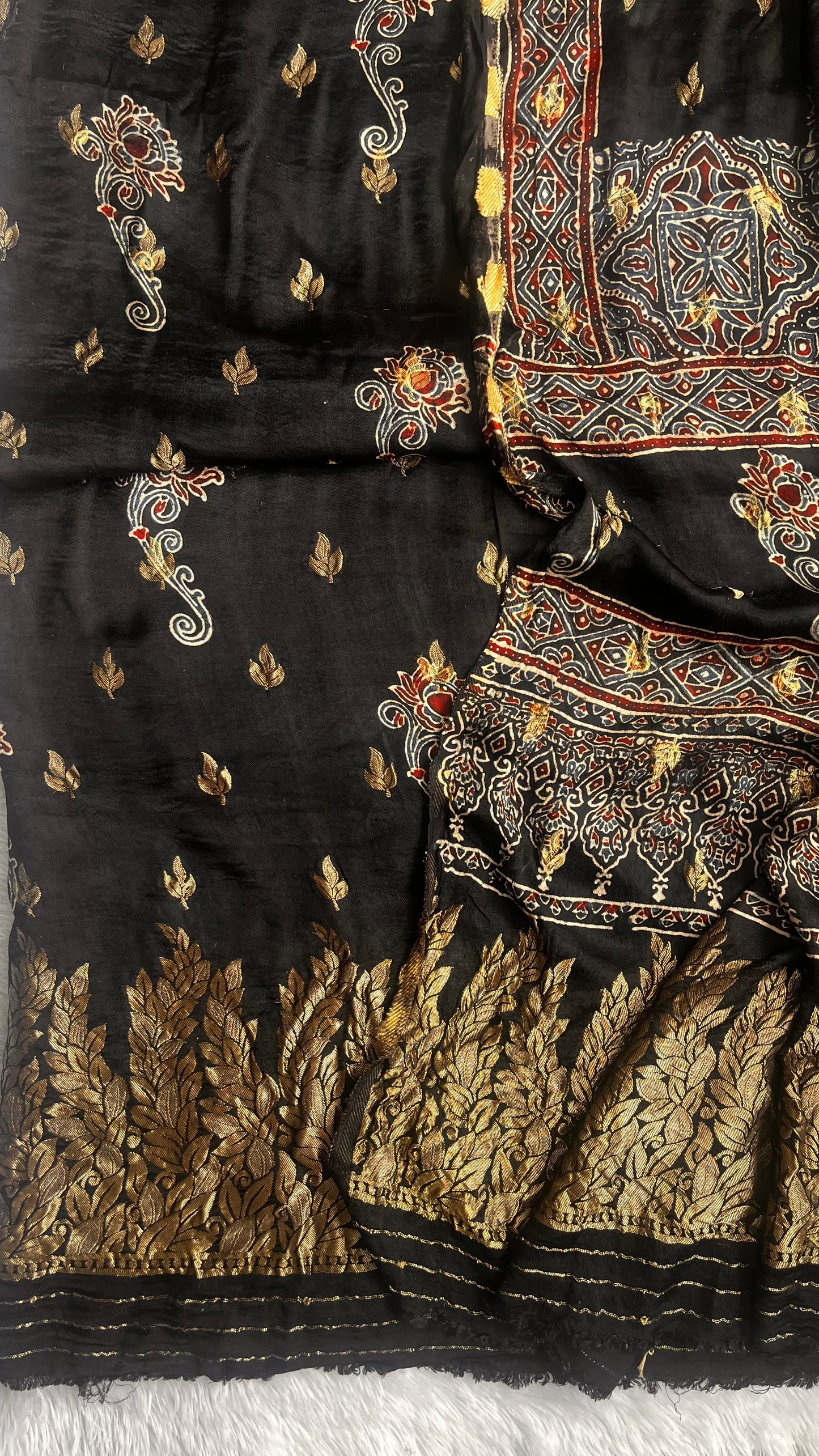 Alluring Black Boota Motif Ajrakh Hand Block Dola Silk Suit Material with Nakkashi Border