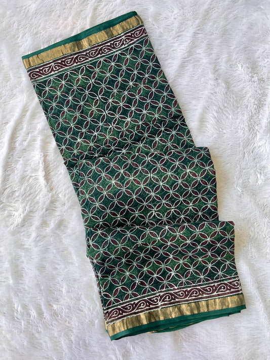 Green Grid Motif Akola Handblock Printed Kota Saree with Zari Border