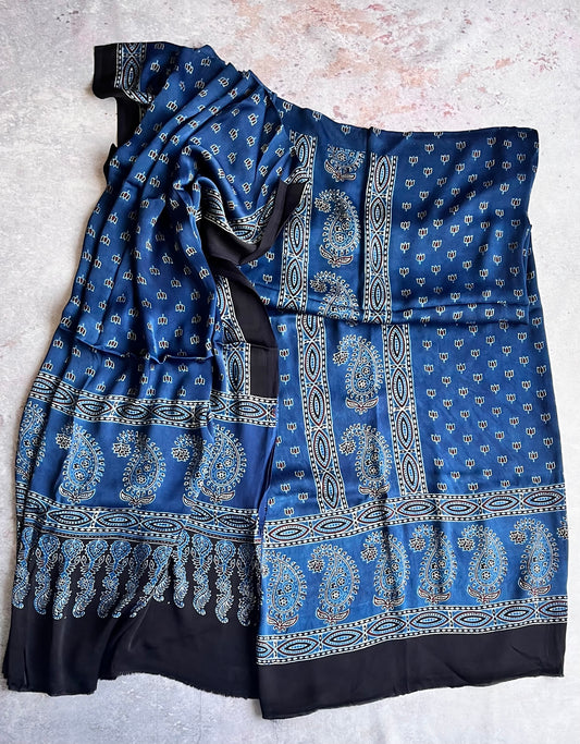 Blue Mugal Booti Motif Modal Silk Ajrakh Natural Dyed Hand Block Print 2pc Suit Material Set