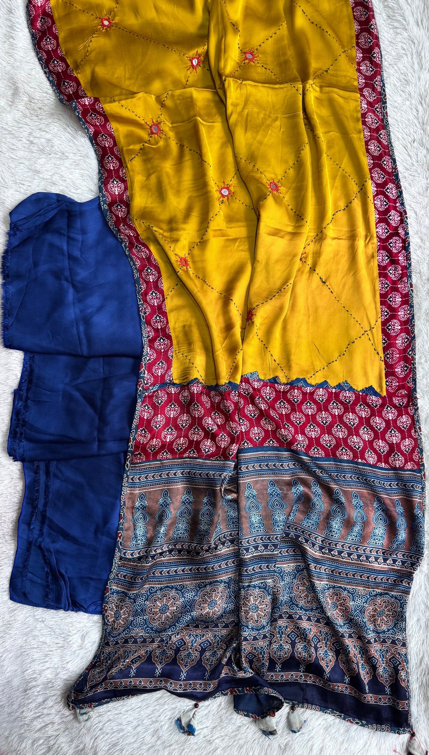 Blue Solid Shade Modal Silk Suit Material with Multi Shade Modal Silk Dupatta with Mirror Work