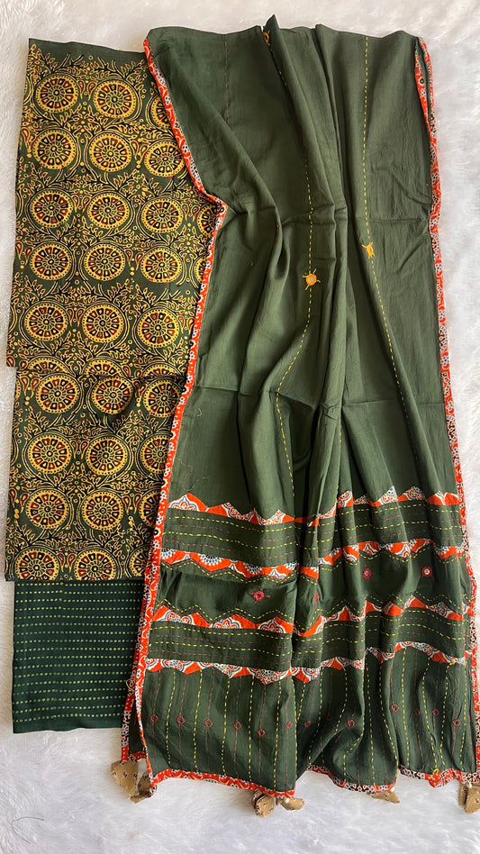Green Jaal Buti Ajrakh Unstitched Suit Set with Cotton Applique Work Dupatta