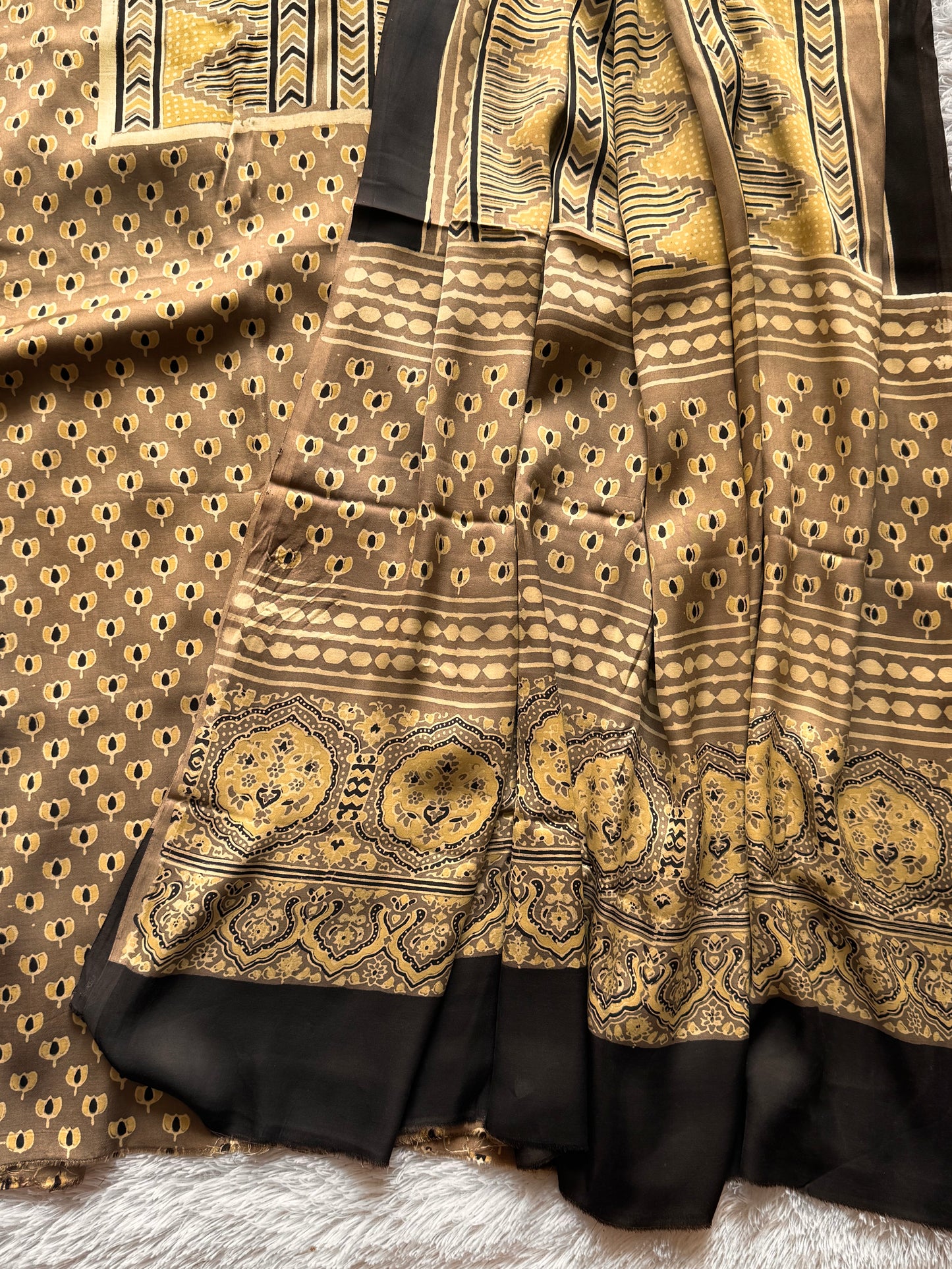 Earthy Beige Kamal Print Modal Silk Ajrakh Natural Dyed Hand Block Print 2pc Suit Material Set