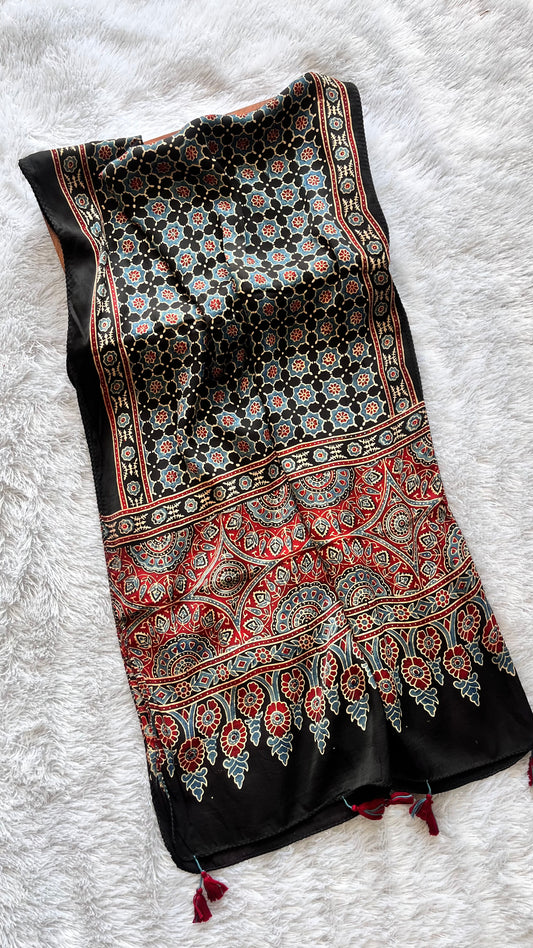 Black Small Booti Ajrakh Hand Block Print Modal Silk Stole with Tassels