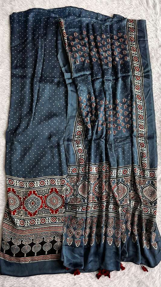 Blue Polka and Kamal Buti Ajrakh Motif Hand Block Print 2 pc Modal Silk Suit Material
