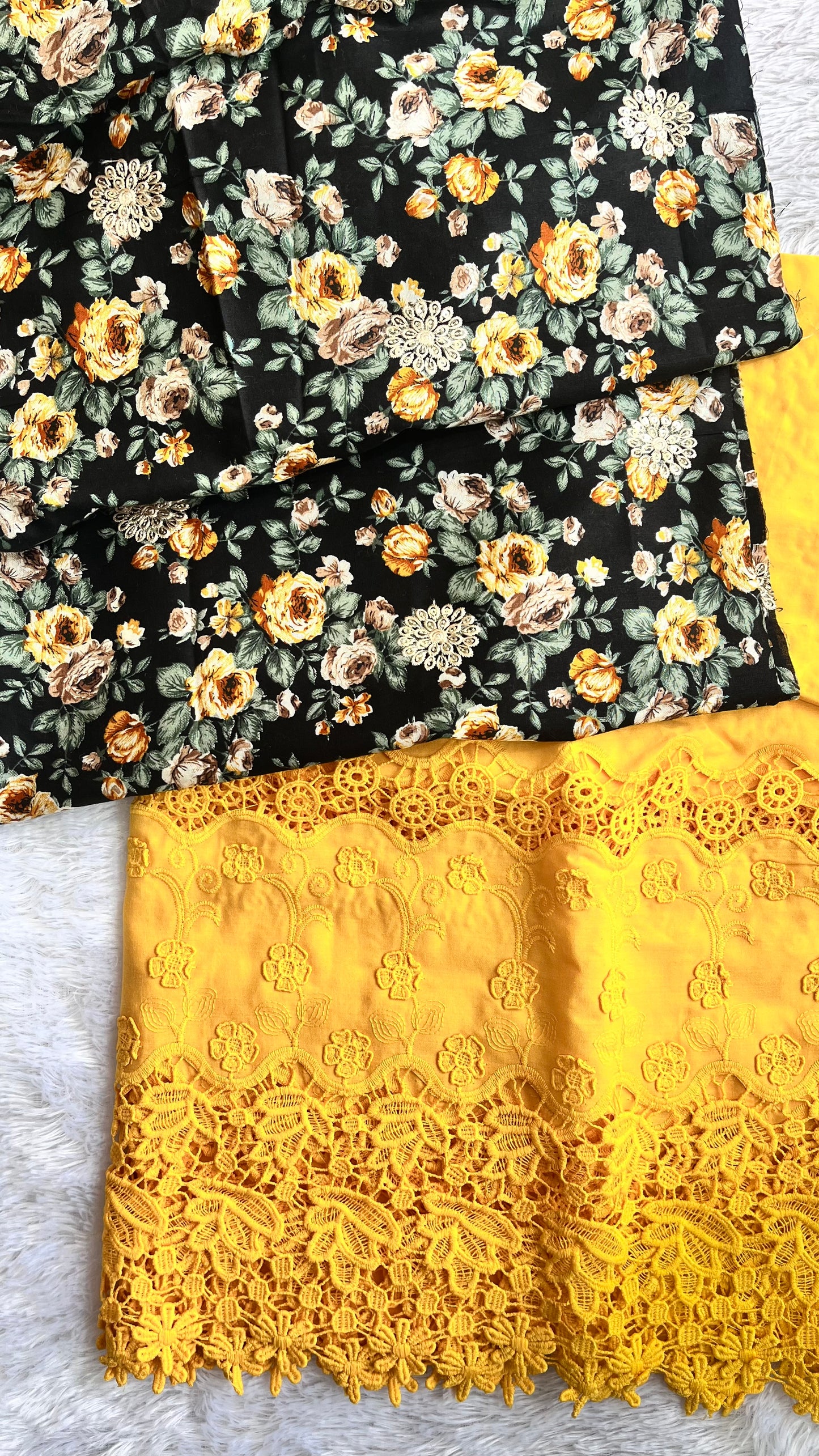 Black and Yellow Shade Floral Design Print Pure Cotton 2pc Suit Set