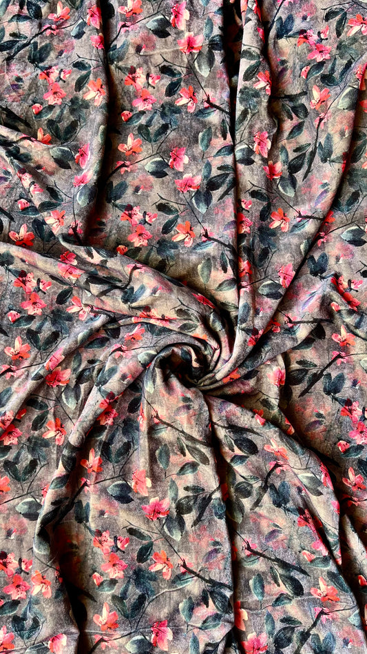 Chocolate Colour Leaf Print Pure Velvet Fabric