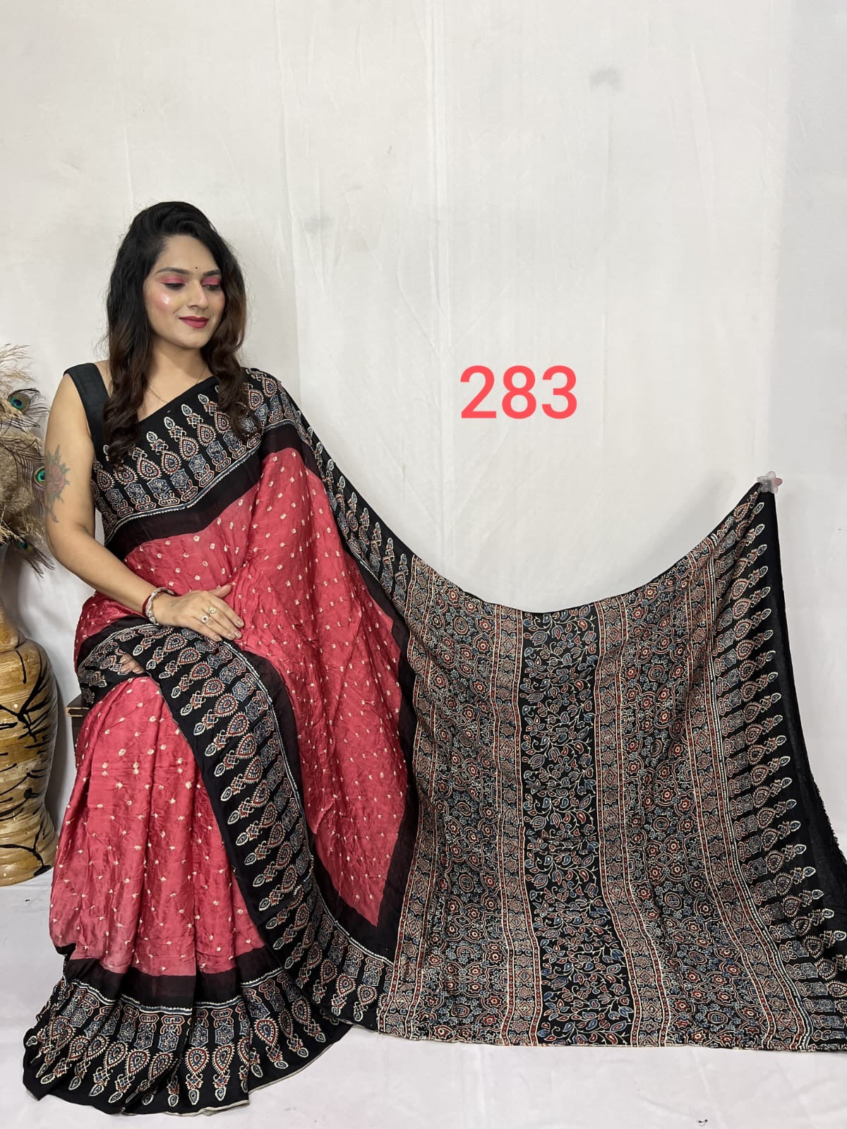 Rose Pink and Black Ajrakh Bandhej Hand Block Modal Silk Saree With Blouse