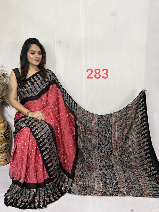 Rose Pink and Black Ajrakh Bandhej Hand Block Modal Silk Saree With Blouse