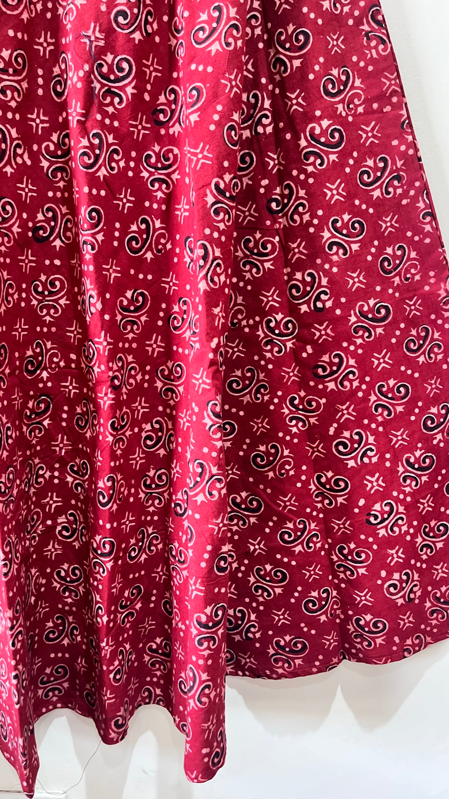 Deep Red Buti Motif Pure Cotton Ajrakh Long Flared Skirt