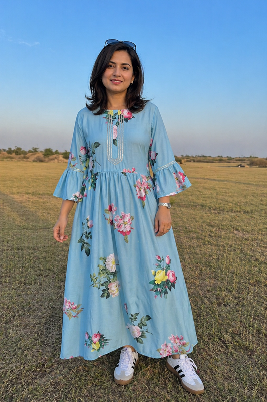 Sky Blue Summer Glaze Cotton Floral Dress