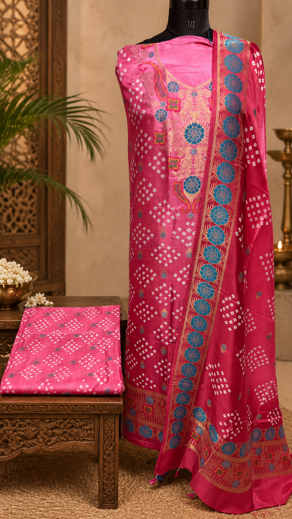 Pink Double Shade Bandhej Dola Silk Suit with Zari and Meenakari Nakkashi -3 Pc