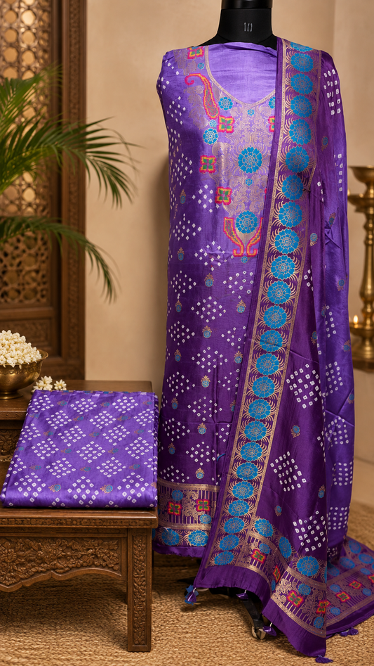 Purple Double Shade Bandhej Dola Silk Suit with Zari and Meenakari Nakkashi -3 Pc