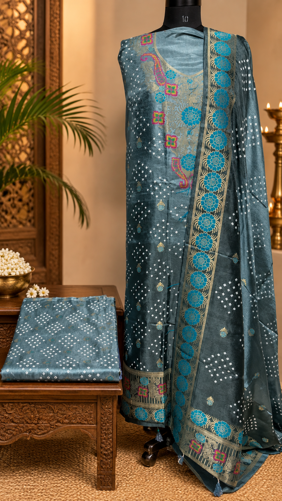 Steel Grey Double Shade Bandhej Dola Silk Suit with Zari and Meenakari Nakkashi -3 Pc