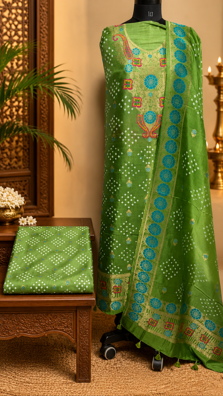 Green Double Shade Bandhej Dola Silk Suit with Zari and Meenakari Nakkashi -3 Pc