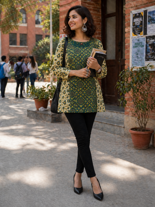 Off White and Blue Ajrakh Handblock Pure Cotton Short Kurti