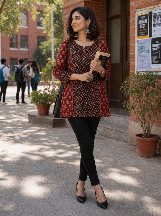 Black Zigzag Ajrakh Handblock Pure Cotton Short Kurti
