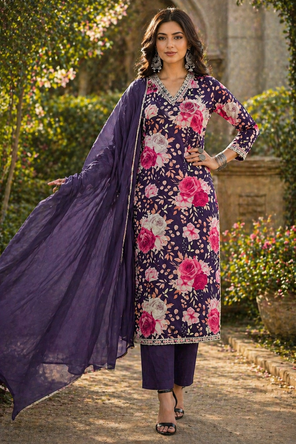 Jaamni Floral Print Muslin Suit Set with Organza Dupatta