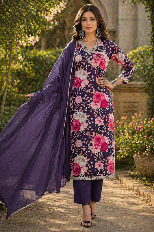 Jaamni Floral Print Muslin Suit Set with Organza Dupatta