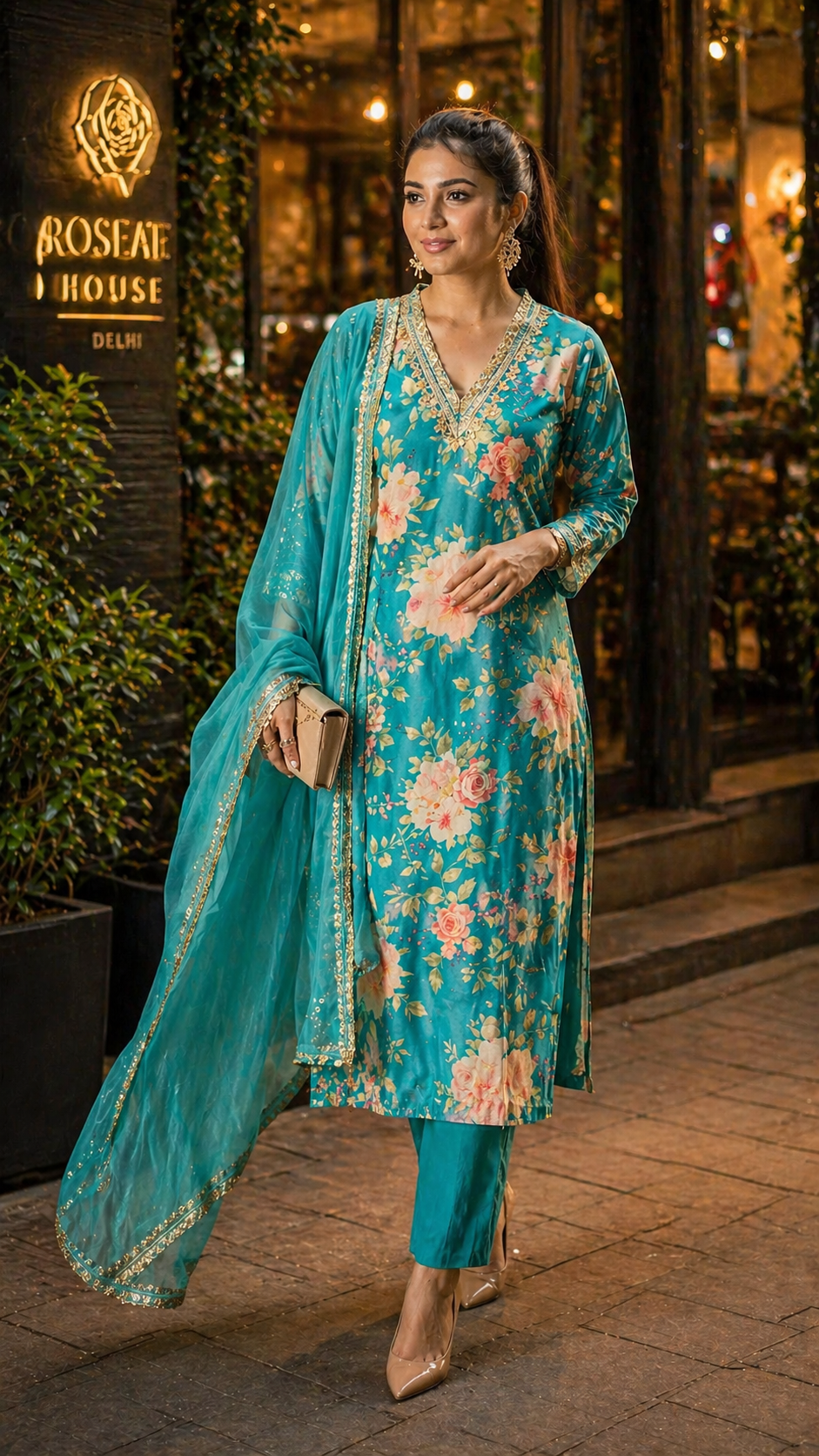 Teal Blue Floral Print Pure Muslin Suit Set with Organza Dupatta