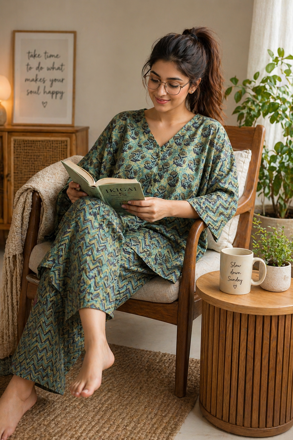 Green Flower Motif Cotton Kaftan & Lounge Pant Set