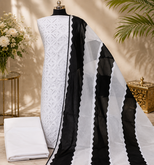 Black and White Barmer Applique Cut Work Cotton 3pc Suit with MultiColor Dupatta