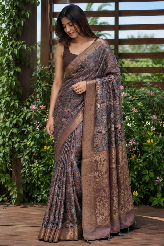 Earthy Brown Mugal Buta Motif Ajrakh Hand Block Dola Silk Saree with Zari Pallu (With Blouse)