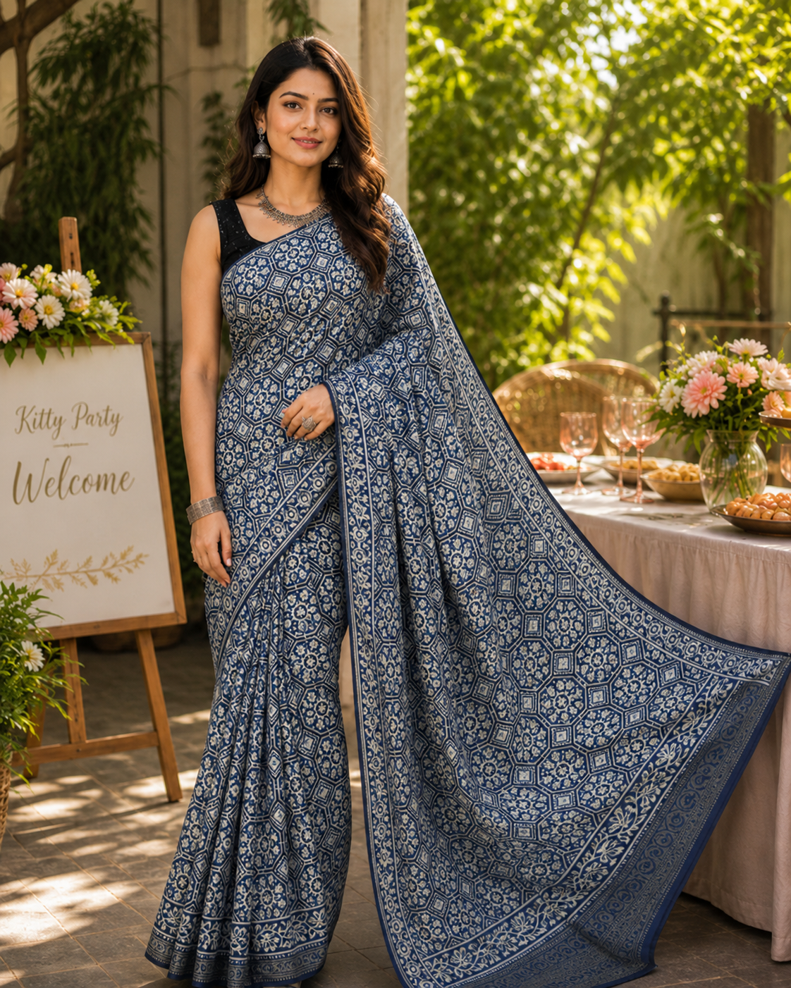 Indigo Jaal and Kamdhenu Buta Motif Ajrakh Hand Block Dola Silk Saree with Zari Pallu (With Blouse)