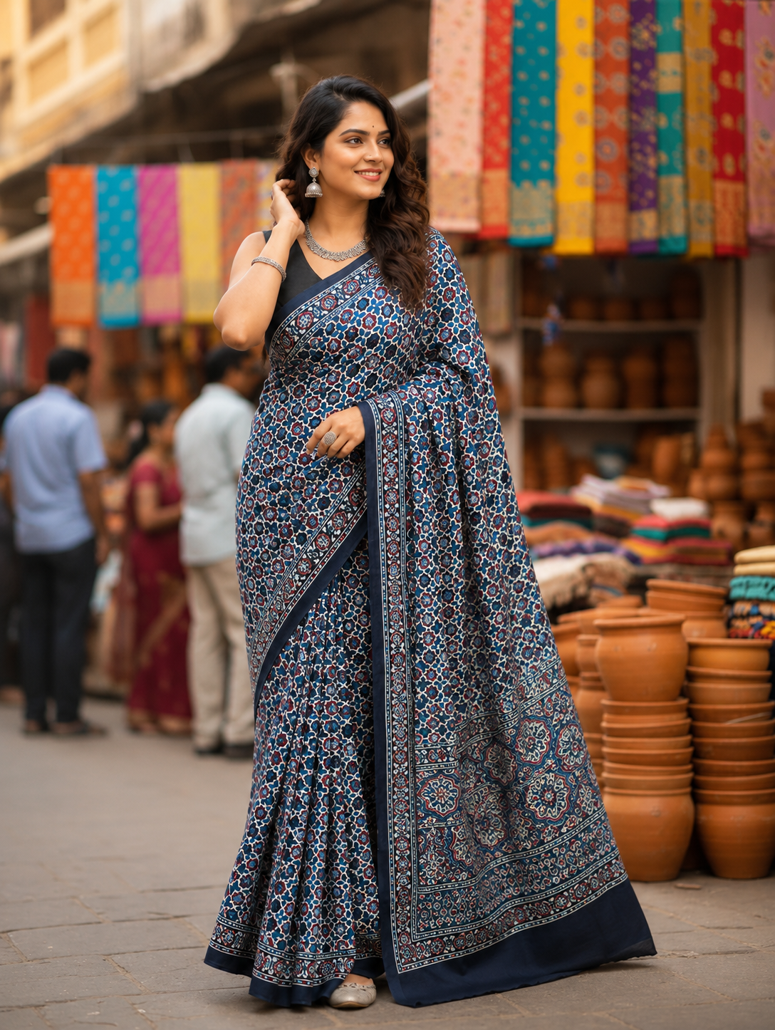 Blue Small Grid Motif Ajrakh Hand Block Natural Dye Modal Silk Lagdi Patti Saree With Blouse