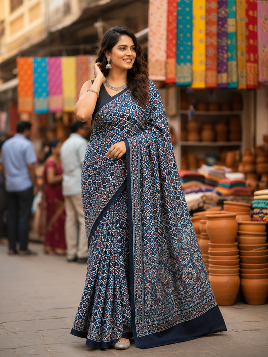 Blue Small Grid Motif Ajrakh Hand Block Natural Dye Modal Silk Lagdi Patti Saree With Blouse